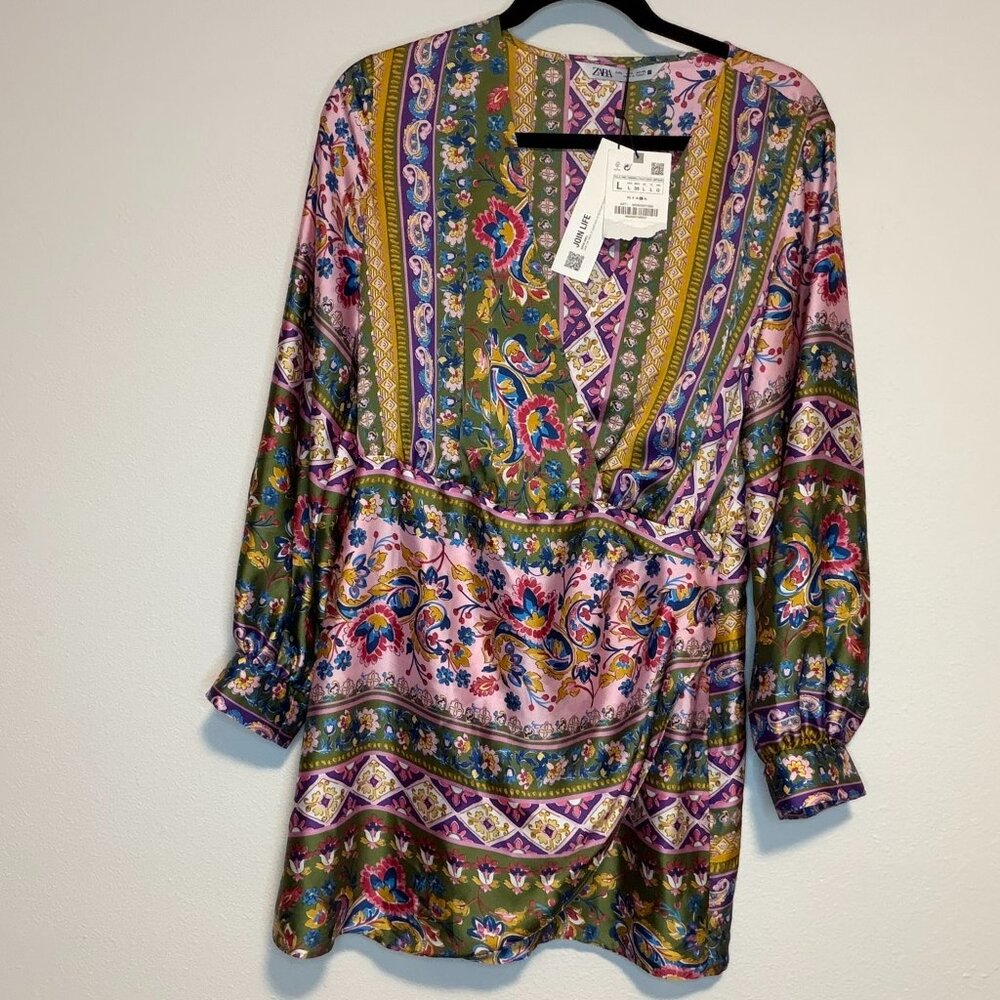 Zara Wrap Mini Dress Size L Pink Floral NWT